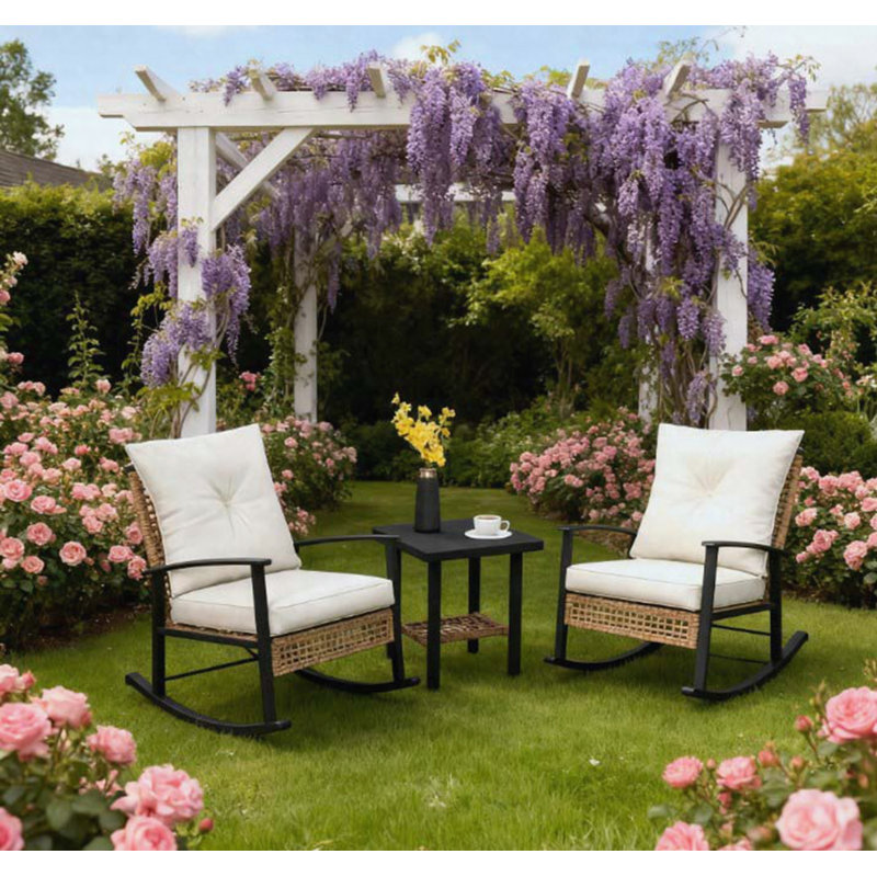 Ensemble de chaises berçantes 3 pièces en osier de patio avec coussins capitonnés et table basse