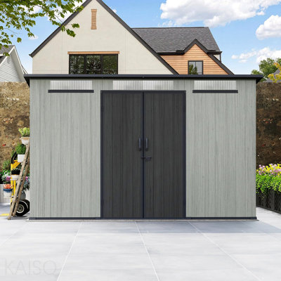 Remise de rangement extérieure en résine de 6 pi x 11 pi avec fenêtres transparentes et évents à persiennes, remise à outils en plastique avec portes verrouillables doubles et toit incliné et remise de jardin extérieure pour la cour, le patio et la pelouse - Gris
