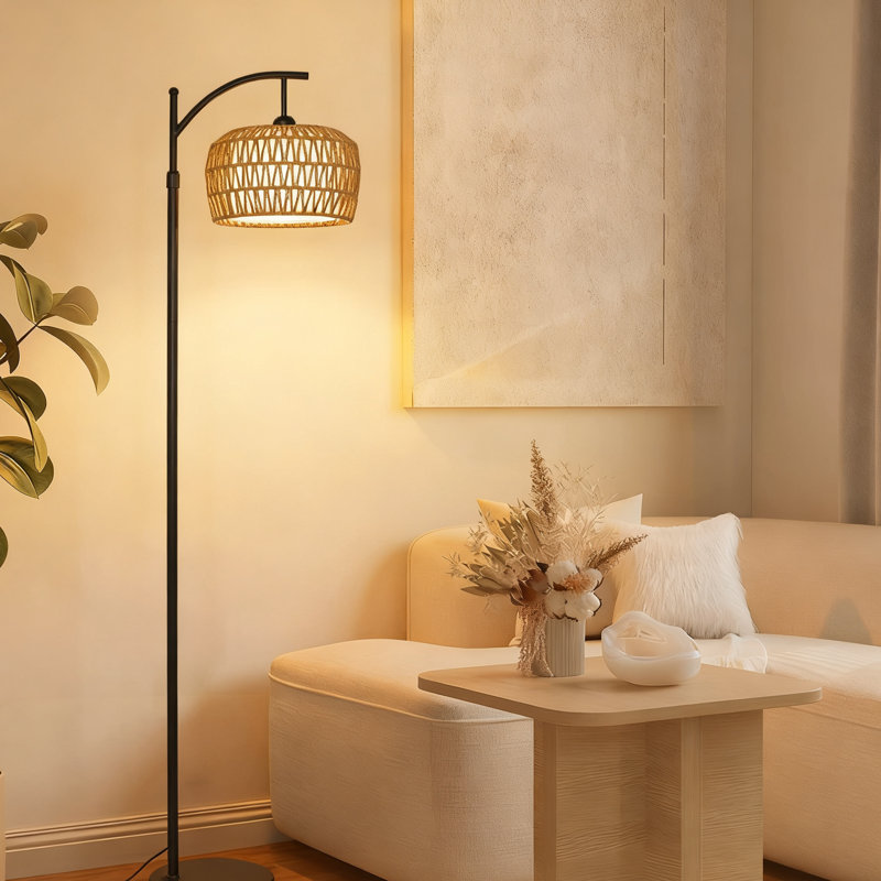 Lampe sur pied arquée en rotin avec lumière DEL et télécommande, réglable en hauteur