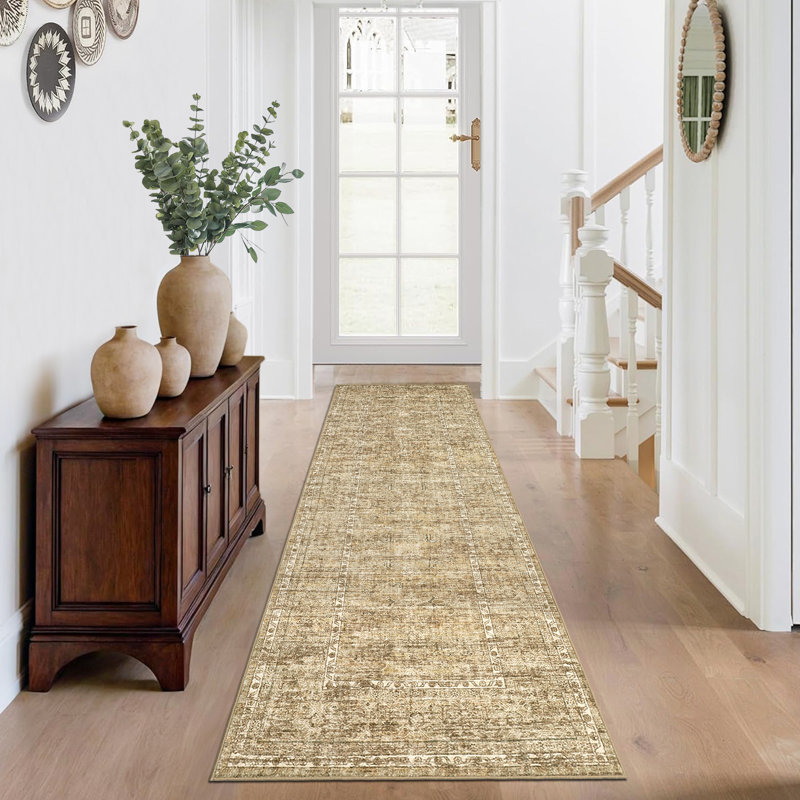Rectangle Floral Area Rug, Beige, Runner 60 x 230 cm