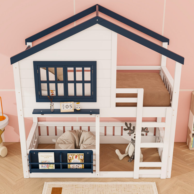 Wood Bunk Bed With Bookshelf, Twin, White/Blue