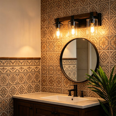 Farmhouse Bathroom Vanity Light, Wood & Black Metal Wall Sconce with Clear Glass Shades, Dimmable E26 Industrial Bathroom Light Fixture