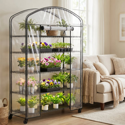 Portable 5-tier Greenhouse Metal Plant Stand With Grow Lights And Pvc Cover, Indoor/outdoor Use