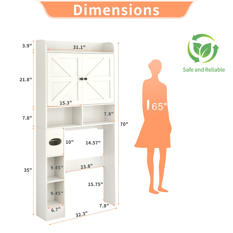 32.3” W Farmhouse Bathroom Storage Cabinet, Over The Toilet Storage Cabinet with Toilet Paper Holder and Barn Doors, White