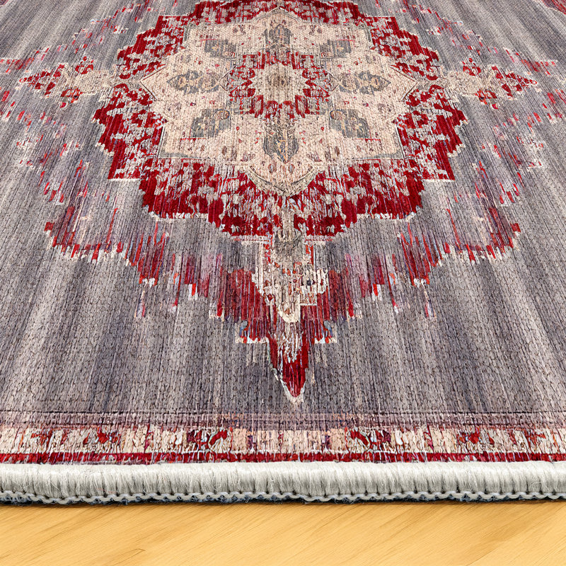 Marisol Burgundy Beige Gray Oriental Machine Printed Cotton Polyester Area Rug, Runner 5'3" x 11'6"