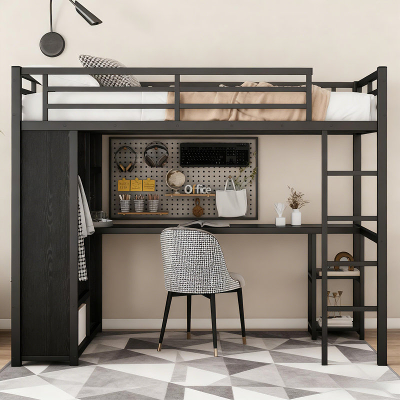 Metal Loft Bed Frame With Built-in Wardrobe,desk And Storage Shelves, For Kids Teens Adults, Twin XL, Black