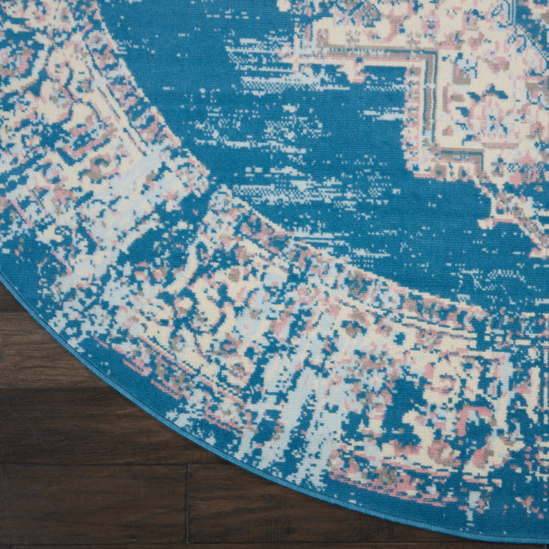 Burnie Oriental Blue/Ivory Area Rug, Round 5'3"