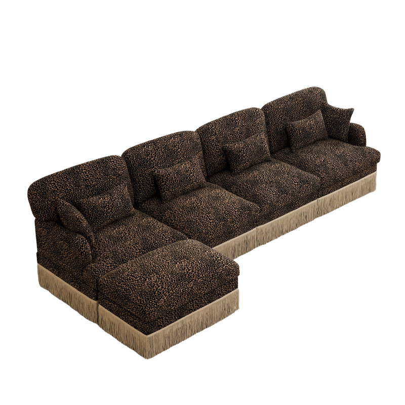 Canapé modulaire en forme de L de 131 po avec repose-pieds à motif léopard et bordure à pampilles, canapé modulaire en L 131 po