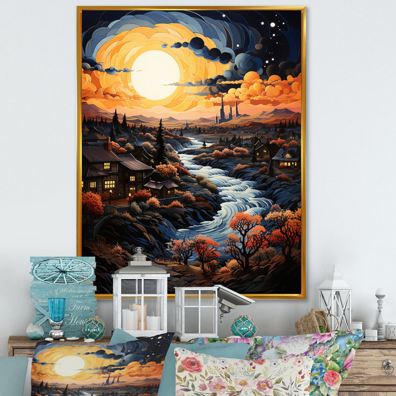 «Van Gogh», reproduction d'art sur toile, «Vangogh Village At Sunset I», H 40 po x l 30 po x P 1,5 po, Cadre flottant doré