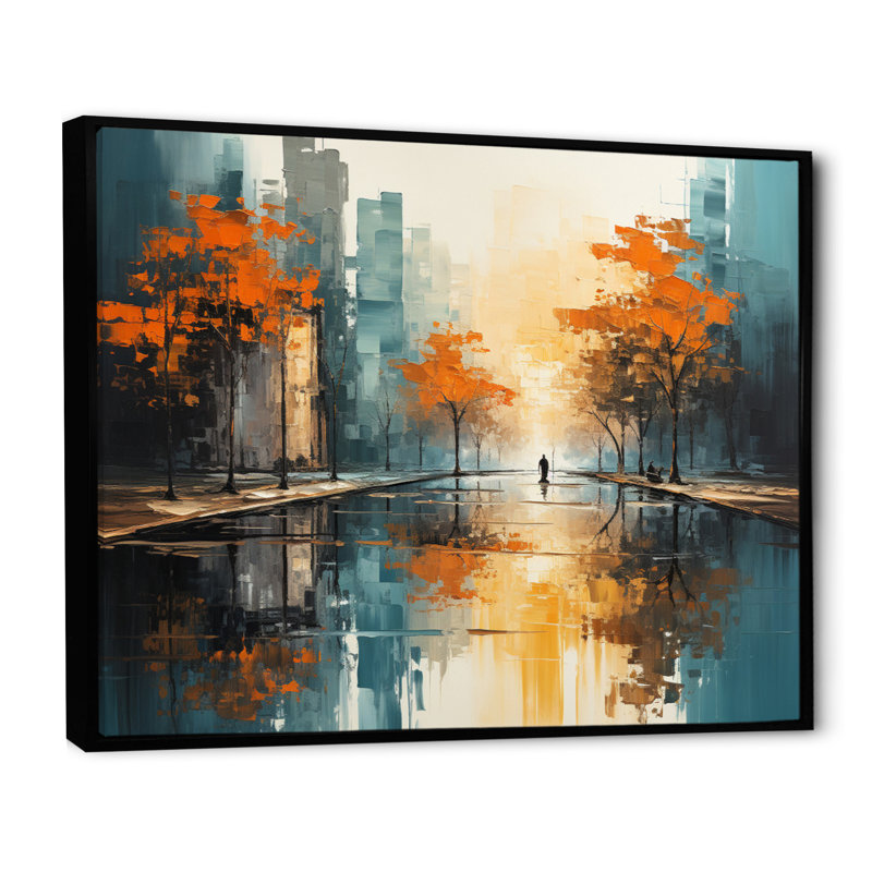 Orange Rivers Riverside Reflection I - Modern Canvas Wall Art, Cadre flottant noir, H 24 po x l 32 po x P 1 po