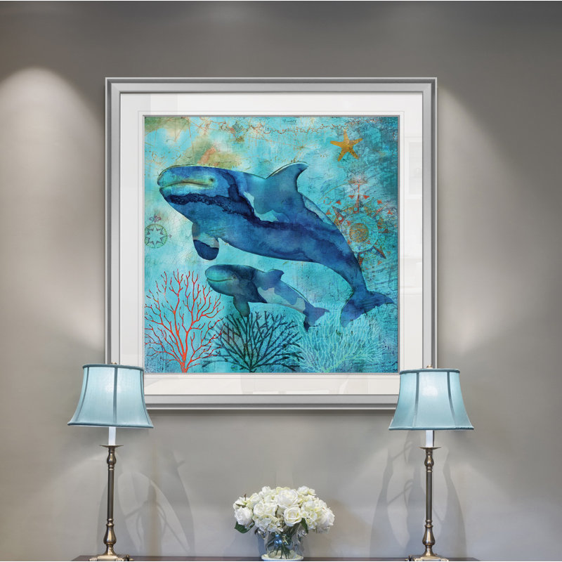" Deep Sea Whales ", 28" H x 28" W x 1.5" D, Silver Framed