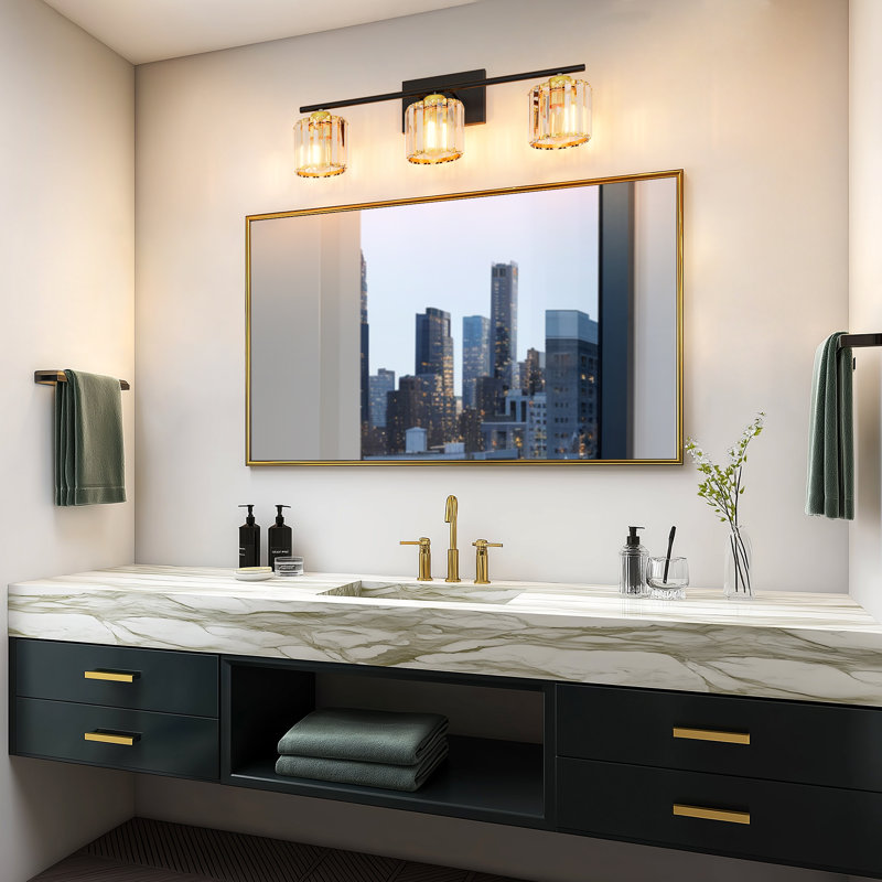 24'' 3 Light  Black Gold Dimmable Vanity Light With Crystal Shade 