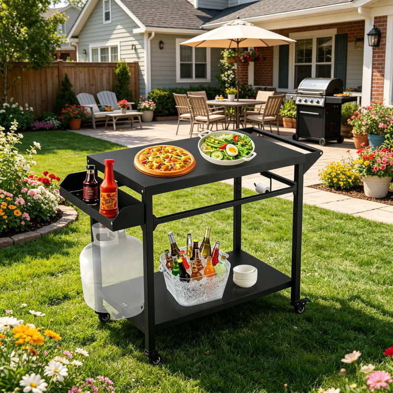 Chariot de barbecue avec roues verrouillables, plateau de rangement, poignée latérale pour patio, cour arrière, camping