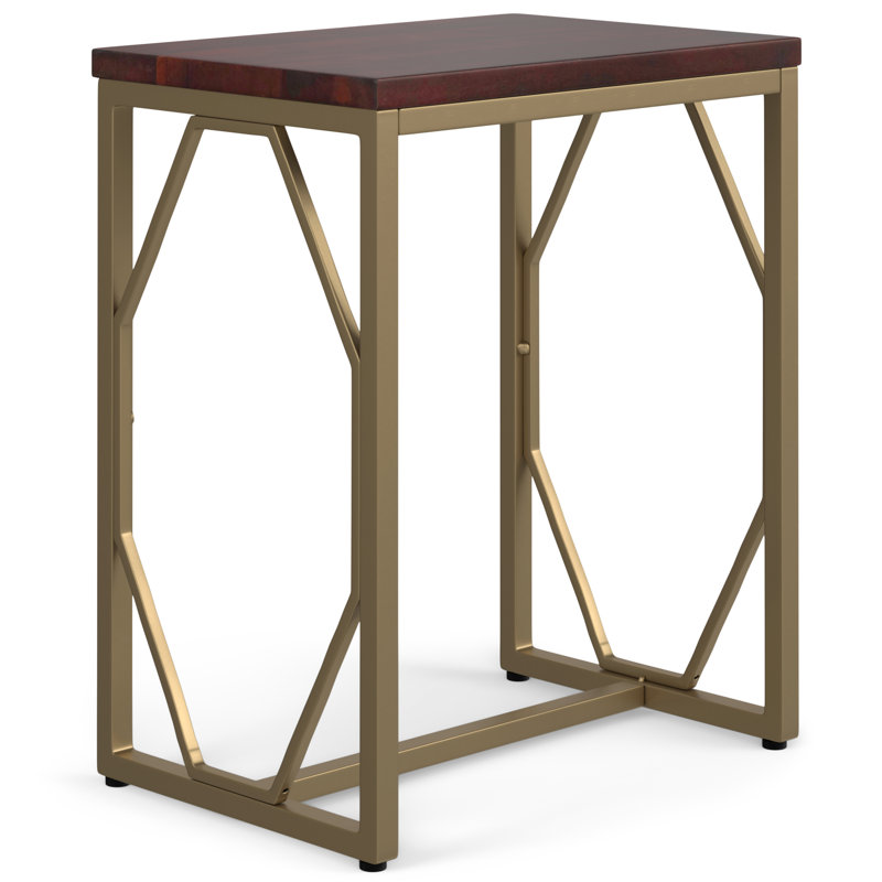 Selma 20"W Solid Mango Wood Contemporary End Table with Open Metal Base and Diamond Detail, Cognac Top/Antique Gold Base