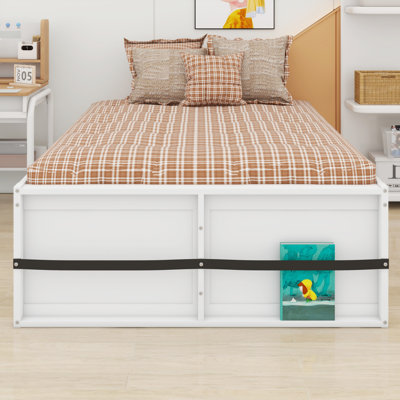 Functional Wooden Platform Bed with Display Cabinet, Bookshelf, LED Lights and Drawer