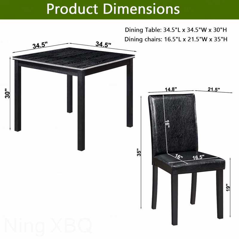 Ensemble de salle à manger en bois 5 pièces: table carrée et 4 chaises rembourrées, décoration en cristal, Noir, Noir