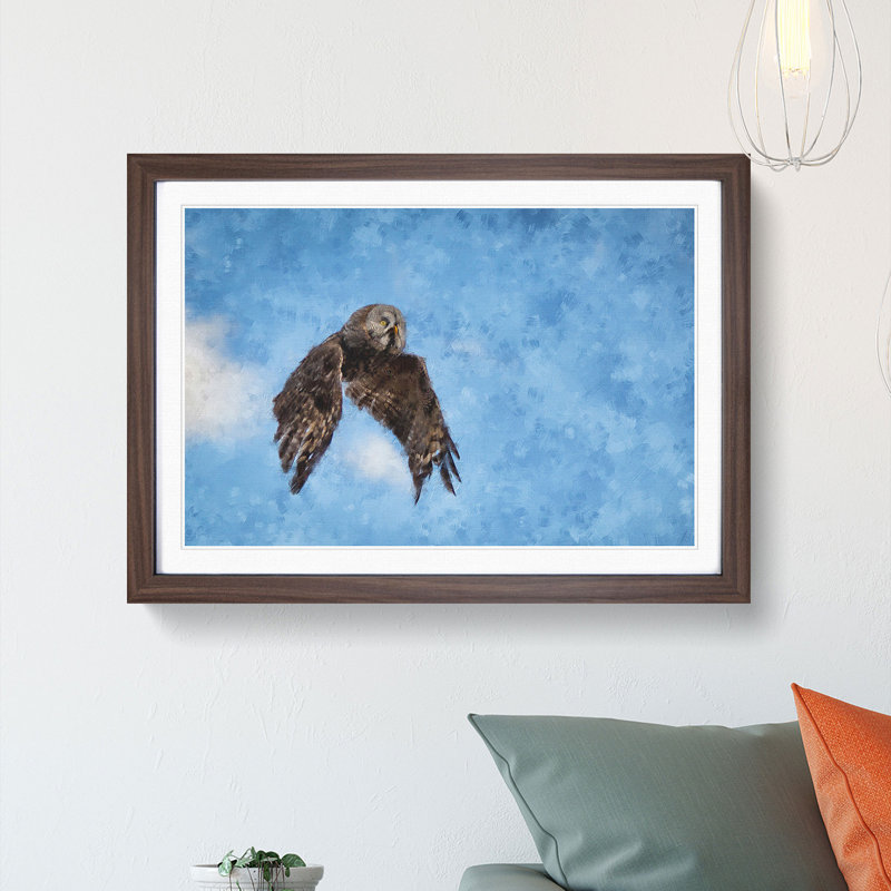 Flying Great Grey Owl - Picture Frame Graphic Art Print, Walnut Framed, 45cm H x 63cm W x 2cm D