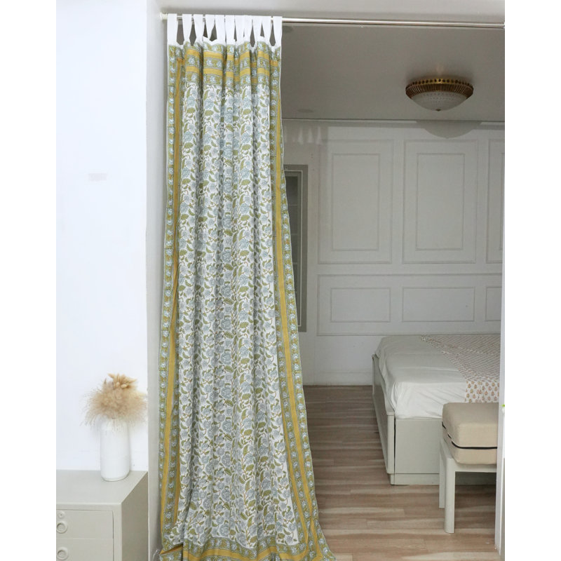 Rideaux à pattes en coton 100 % bleu à motifs floraux, non doublés, pour salon et chambre, style bohème champêtre., Blue,Gray