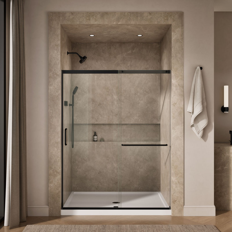 Elate Tall Sliding Shower Door, 75-1/2-In H X 56-1/4 - 59-5/8-In W, With Heavy 5/16-In Thick Crystal Clear Glass, Black
