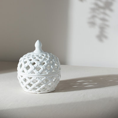 White Ceramic Lidded Jar with Lattice Design