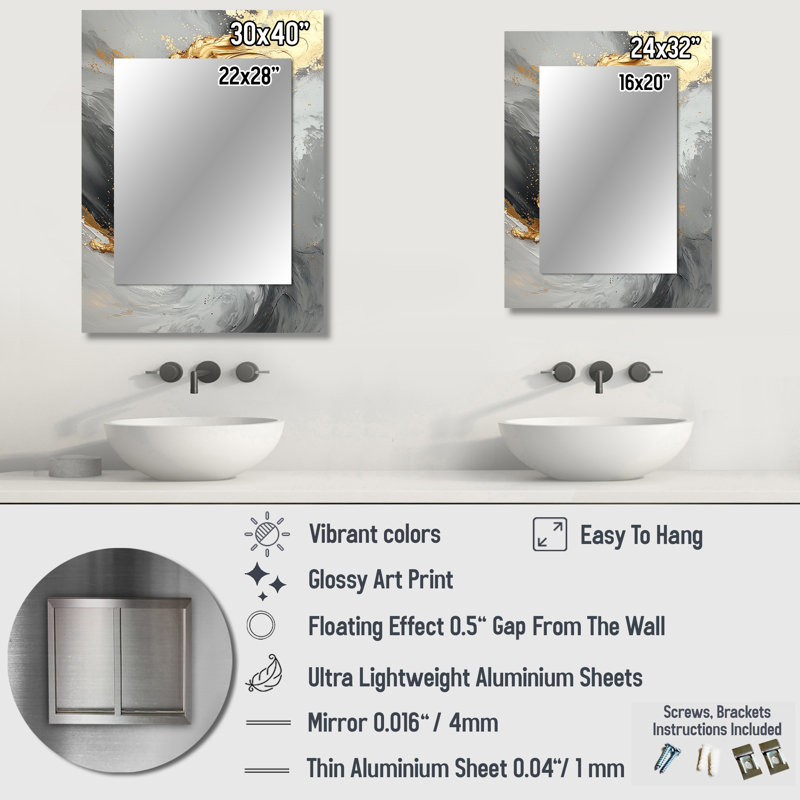 Grey And Gold Abstract Marble I - Marble Mirror, Gold Unique Wall Mirror, Printed Metal Art, 32" x 24"
