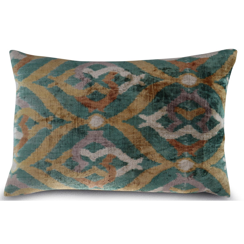 Velvet Lumbar Pillow Cover & Insert, Green/Beige/Teal Geometric 3