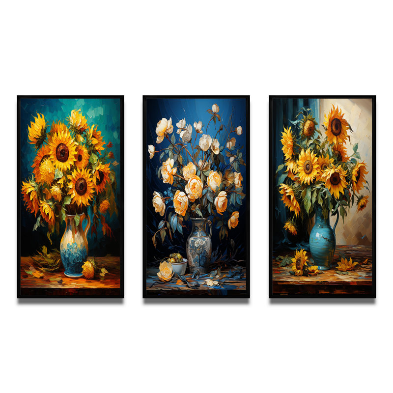 Master Master Sunflowers par Van Gogh - ensemble de 3 reproductions, Cadre flottant noir, H 40 po x l 60 po