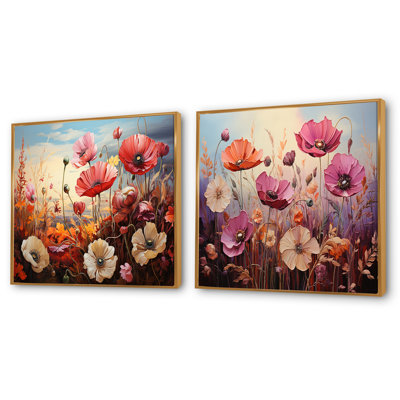 «Pink Crimson Flower Meadow Field», ensemble de 2 collages floraux carrés