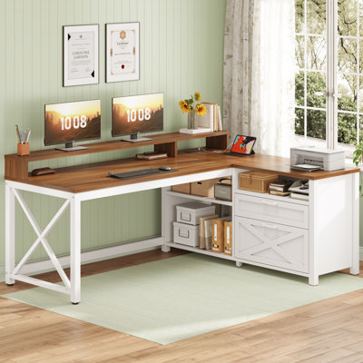 L-Shaped Steel Computer Desk with Built-In Electrical Outlet