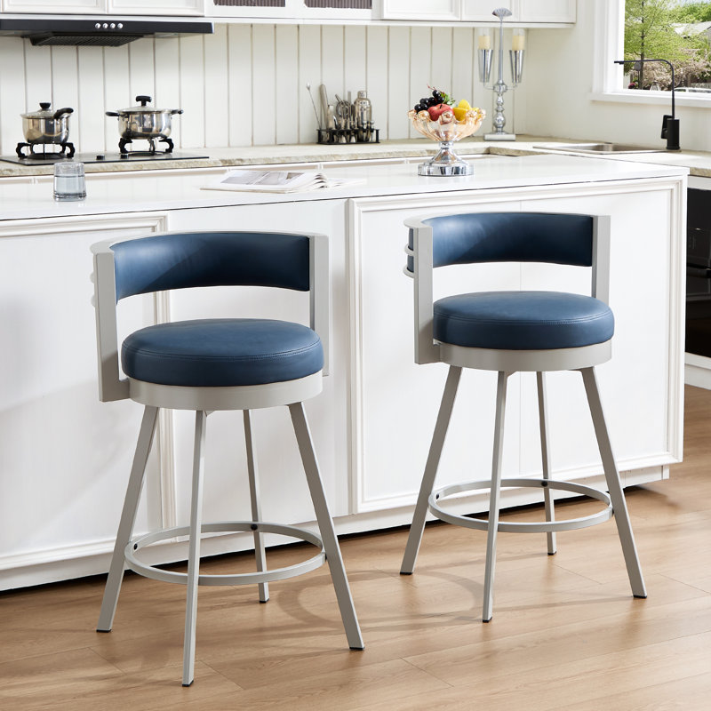 Ayala Rowan 26.6" Modern Swivel Leather Counter Stool withCurved Back and Metal Frame, Navy