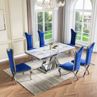 70.08” Faux Marble Dining Table With Double X Mirrored Pedestal Base, 7 Pieces Modern Table For Living Room