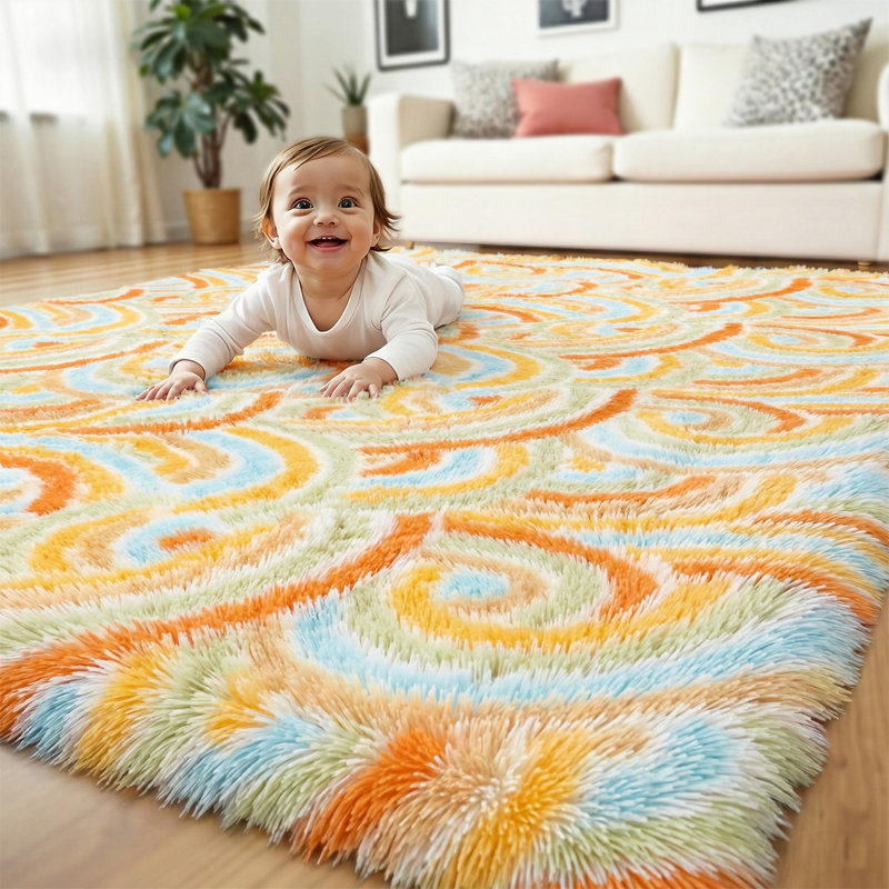 Non-Slip Cute Fluffy Shag Area Rug, Rectangle 5' x 8', Orange/Blue/White