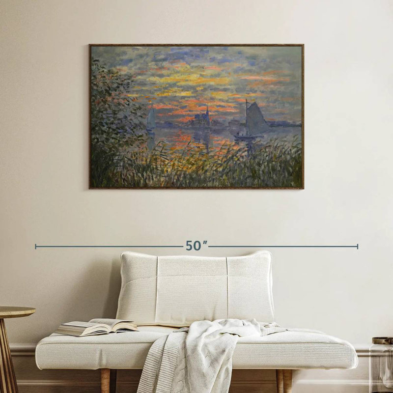 Vue marine avec coucher de soleil, Cadre flottant noyer, 40 po x 27 po