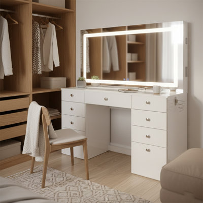 Boahaus Leonore Extra-Large Makeup Vanity, LED Lighted Mirror, USB- C/USB Outlet, 9 Drawers and Glass Top by Boahaus LLC
