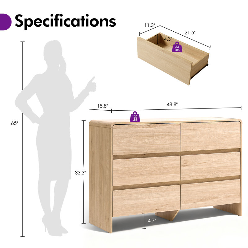 Modern 6-Drawer Dresser with Wood Grain Finish, Tan
