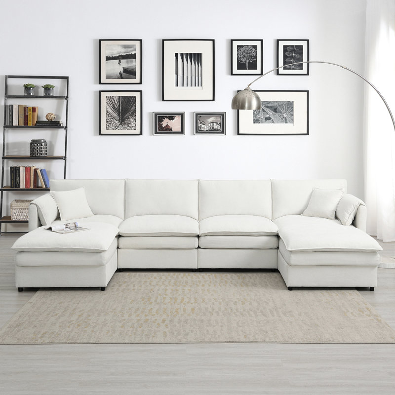 Canapé modulaire en chenille avec coussins doubles, Crème, crème