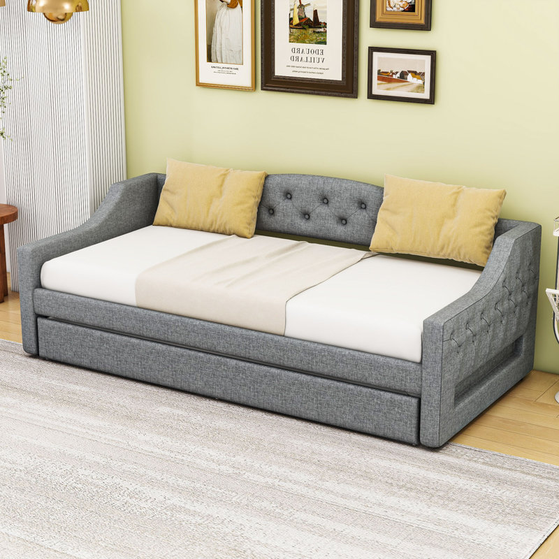 Twin XL Upholstered Daybed with LED Belt and Twin XL Trundle, Gray