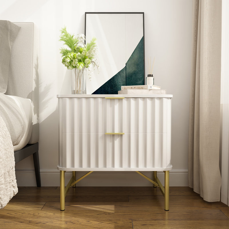 Barbeau Modern Fluted Nightstand With 2 Drawers, White