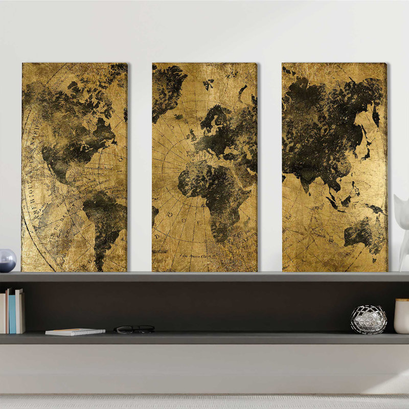 Golden Atlas - Ensemble de 3 peintures sur toile tendue, H 24 po x l 36 po x P 0,75 po