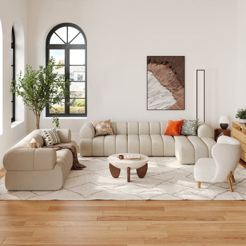 Curva Round Coffee Table With Wood Legs, Beige Wood