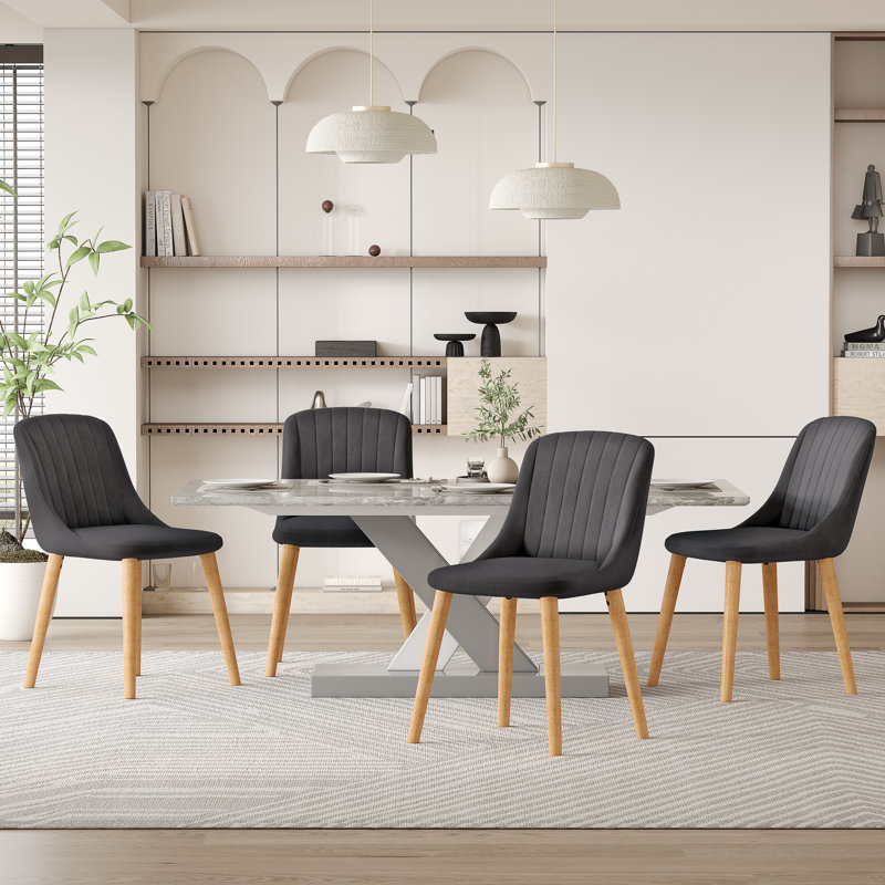 Velvet Dining Chairs With Wooden Legs Set Of 4, Dark Grey Velvet/Natural, 4