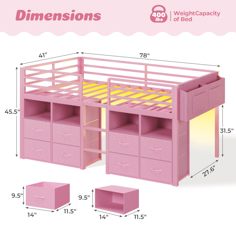 Twin Loft Bed With 8 Storage Drawers And Open Storage Shelves, Low Loft Bed Twin Size With Led Lights,stairs,metal Bed With Safety Guardrail,space Saving,no Box Spring Needed