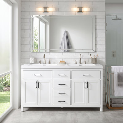 Meuble-lavabo autoportant standard en panneau de fibres à densité moyenne de 60 po, blanc, avec lavabo SMC, tiroir rabattable, tiroirs à fermeture en douceur et tablettes à deux niveaux, robinet non inclus