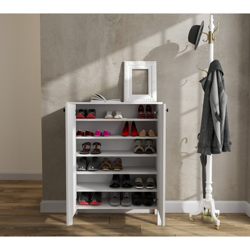 Modern Shoe Cabinet with Numerous Shelves, White & Wood, 35.4 x 46.5 x 13.8 inches | 100% Melamine Coated Particle Board, 0.7-inch Thick | Wall-Mountable, Durable MDF Legs & Metal Handles | Stylish Storage Solution