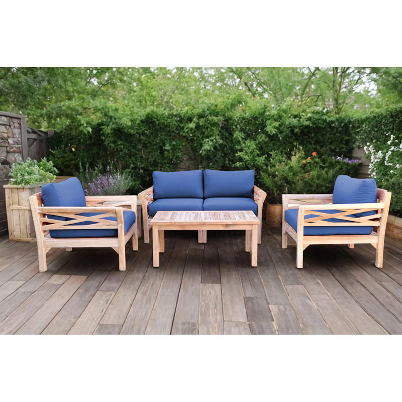 Monterey Outdoor Teak Conversation Set, 4 Pcs:  Loveseat,Chair,Cushion,Table, Sapphire