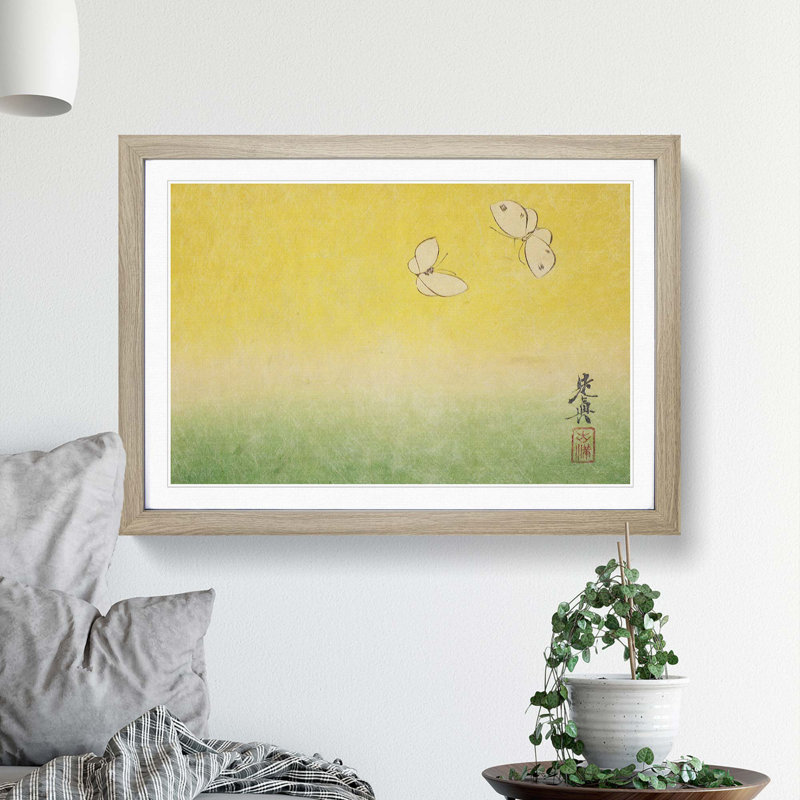 Two Butterflies by Shibata Zeshin - Framed Print, 27cm H x 36cm W x 2cm D, Oak Framed