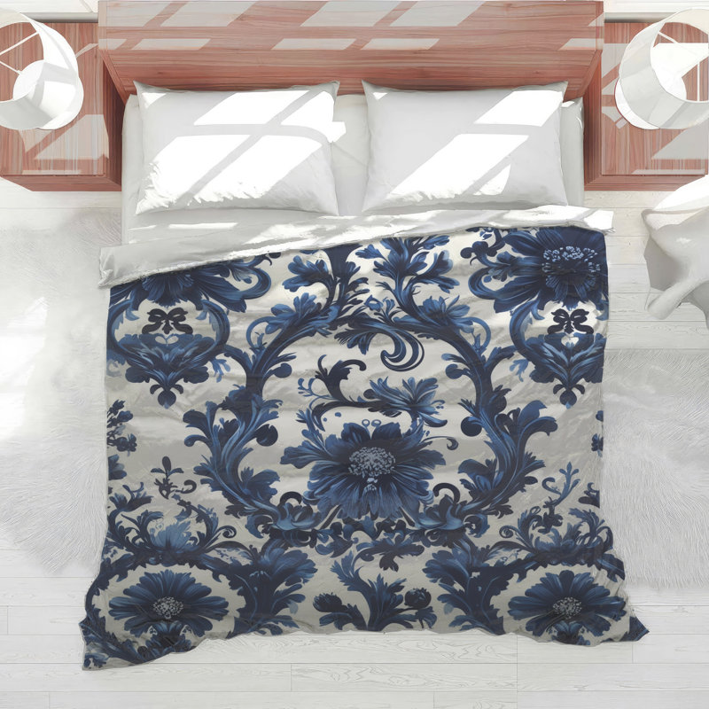 Édredon damassé à motif floral bleu, Lit simple