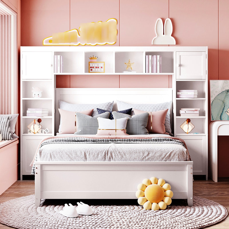 Lit double en bois blanc avec une armoire, une tablette et un rangement - Conception élégante, polyvalente et intégrée, Blanc