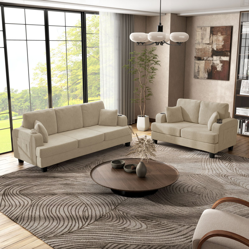 Luka 2-Piece Chenille Sofa Set, Beige, 2 Pcs: Sofa, Loveseat