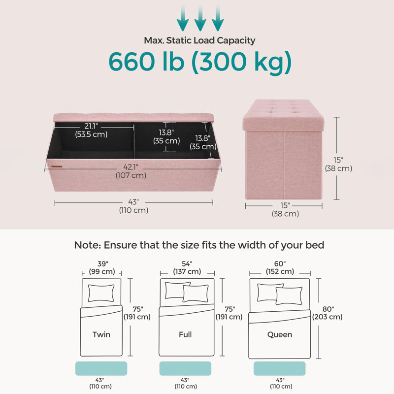 Banc de rangement avec repose-pieds 43 pouces, Rose